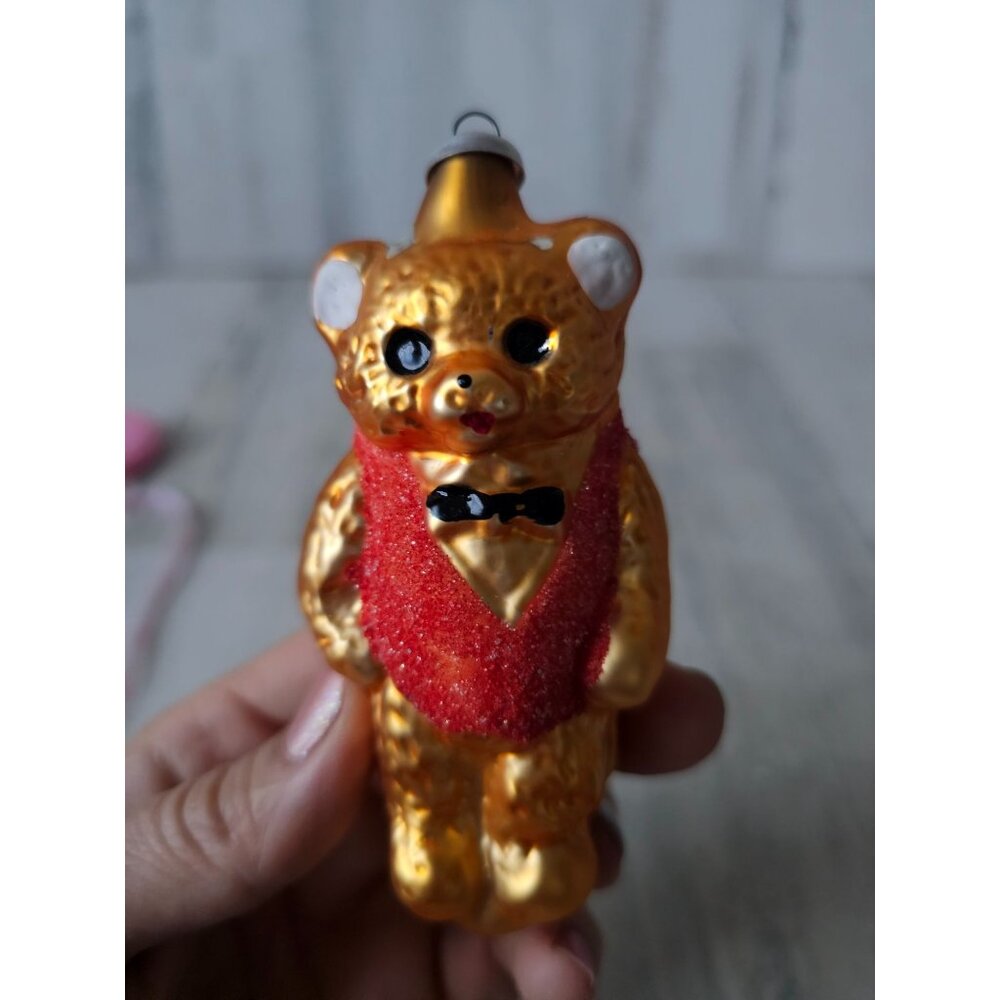 Vintage flocked Mercury glass teddy bear suit ornament Xmas tree vest